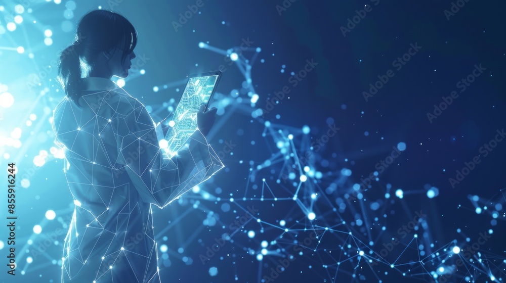 Poster artificial intelligence scientist utilizes hightech holographic interface in a futuristic digital wo