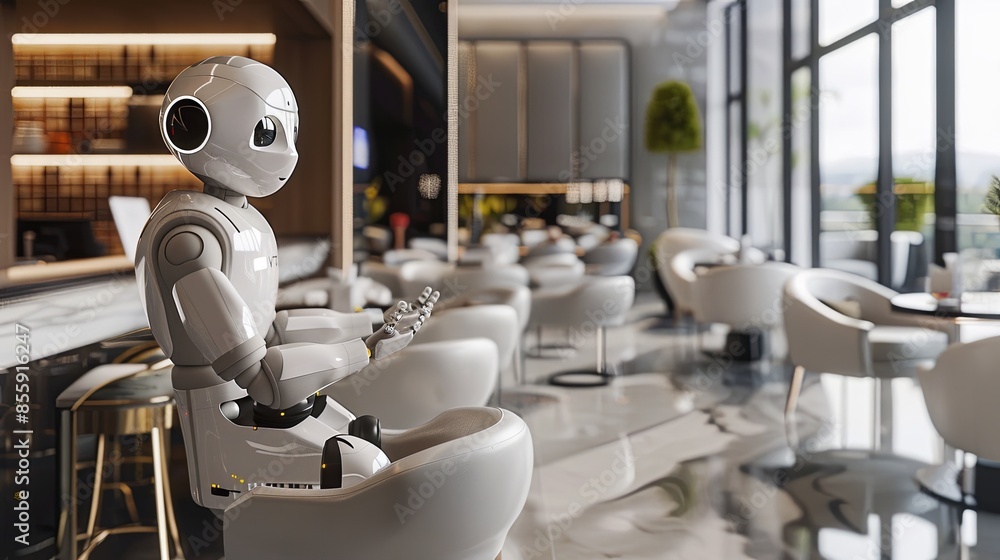 Leinwandbilder A sleek and modern restaurant or hotel lobby features an AI-powered robot interacting with customers, enhancing service quality and creating a seamless experience. Generative AI