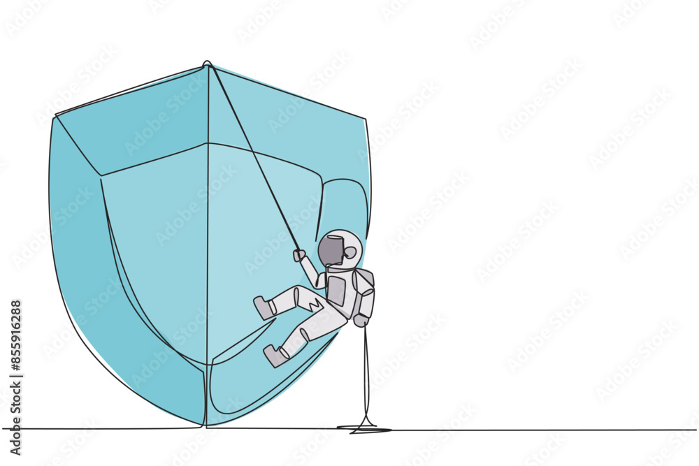 Poster single one line drawing astronaut climbs shield with rope. working to help clients secure servers fr