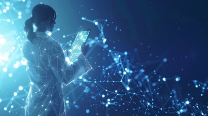 Artificial intelligence scientist utilizes hightech holographic interface in a futuristic digital world setting