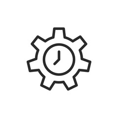 Clock with gear, linear style icon. Clock integrated into a gear, indicating time management or settings. Editable stroke width.
