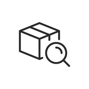 recommend clip art: box with magnifying glass, linear style icon. Searching and inspecting parcel. Editable stroke width