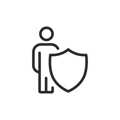 Fototapeta premium Person with shield, linear style icon. Symbol for personal security, protection, and safety. Editable stroke width.