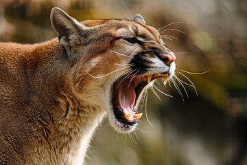 Angry cougar or mountain lion hunts its prey