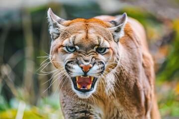 Obraz premium Angry cougar or mountain lion hunts its prey