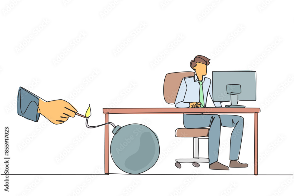 Poster single continuous line drawing businessman typing at a computer desk. trapped by business partner. a