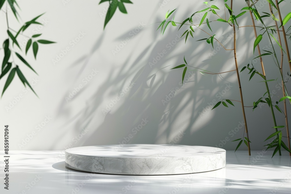 Aufkleber Minimalistic design featuring a round podium with palm tree shadow patterns on a textured wall