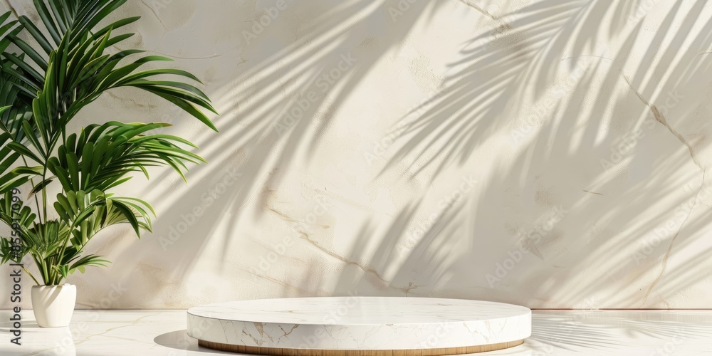 Aufkleber Minimalistic design featuring a round podium with palm tree shadow patterns on a textured wall
