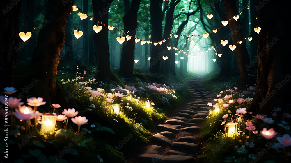 Poster create an enchanted forest path lined with glowing flowers and heart-shaped lights. add a subtle mis