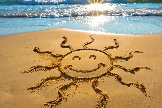 Smiling sun drawing in the sand on a beach
