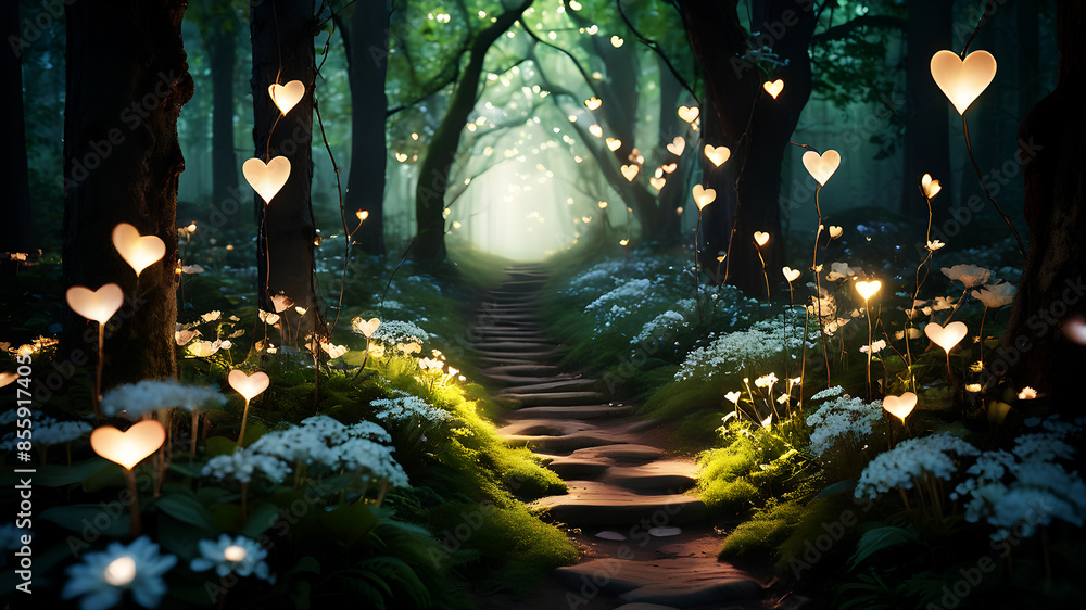 Poster create an enchanted forest path lined with glowing flowers and heart-shaped lights. add a subtle mis