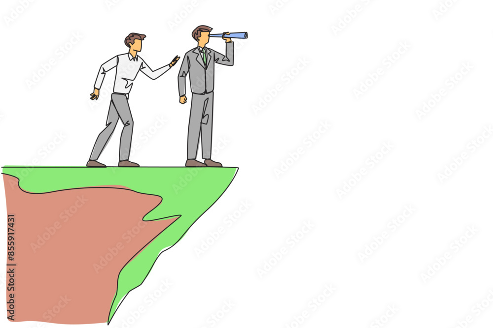 Poster continuous one line drawing businessman monitoring something at the edge of cliff using binocular. m