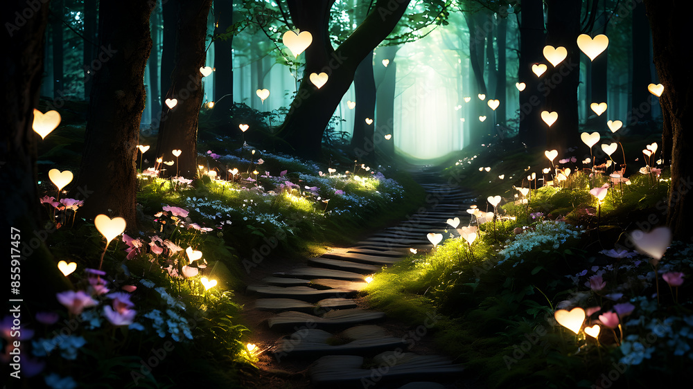 Poster create an enchanted forest path lined with glowing flowers and heart-shaped lights. add a subtle mis