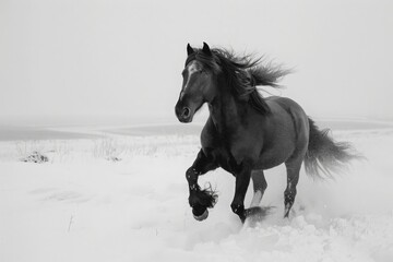 Friesian horse trotting through a snowy landscape, its dark coat and flowing mane and tail creating a striking contrast against the pristine white snow 