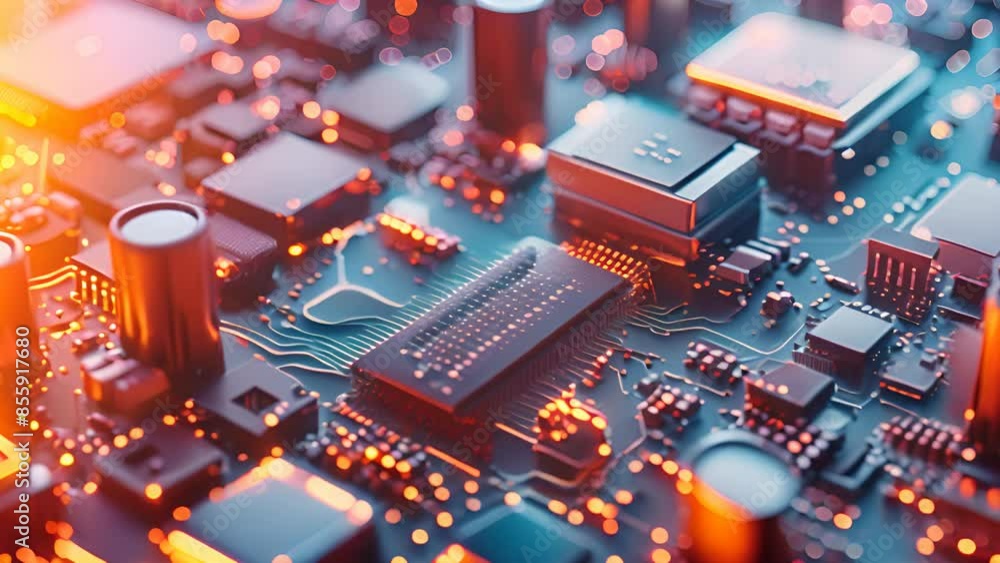 Poster close-up of a glowing circuit board with intricate electronic components, showcasing modern technolo
