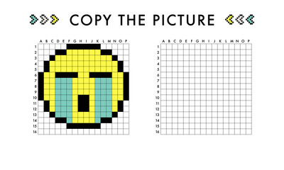 Copy the crying face picture game. Drawing with squares. Educational worksheet for kids. Coloring activity for preschool and school children. Pixel art vector illustration. Printable pattern