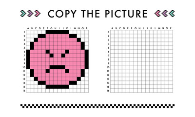 Copy the angry, sad face picture game. Drawing with squares. Educational worksheet for kids. Coloring activity for preschool and school children. Pixel art vector illustration. Printable pattern