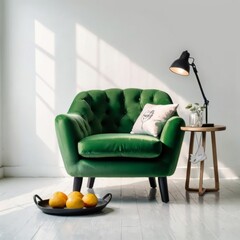 Green velvet armchair with decoration, white background, simple photography style