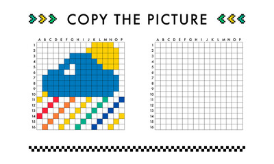 Copy the rainbow, sky, sun picture game. Drawing with squares. Educational worksheet for kids. Coloring activity for preschool and school children. Pixel art vector illustration. Printable pattern