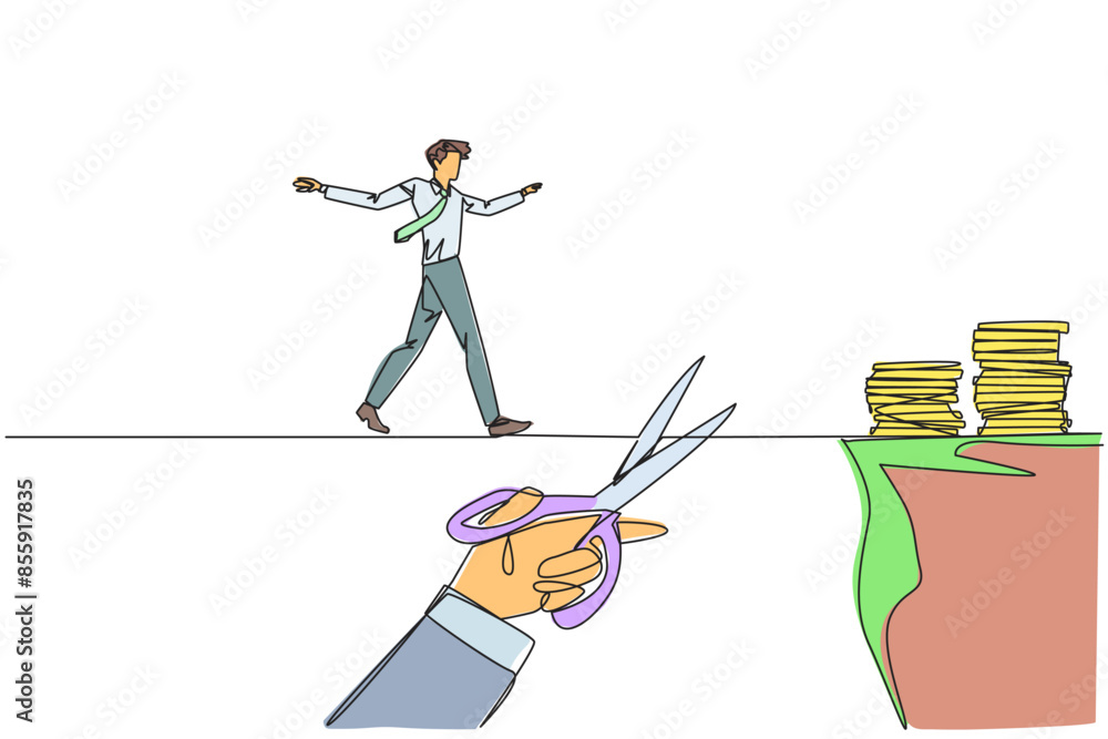 Poster continuous one line drawing businessman walking on tightrope from one cliff to another. failed to mo
