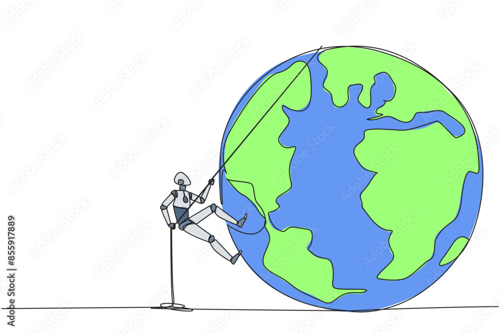 Poster single continuous line drawing smart robot climbing globe with the rope. trying dominate the world w