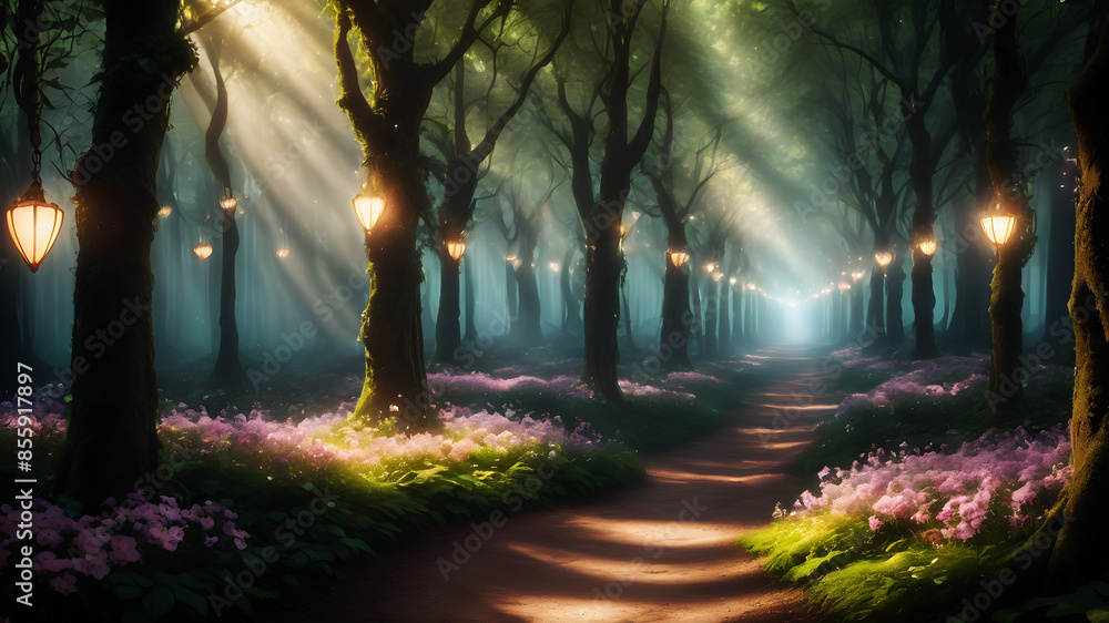 Poster create an enchanted forest path lined with glowing flowers and heart-shaped lights. add a subtle mis
