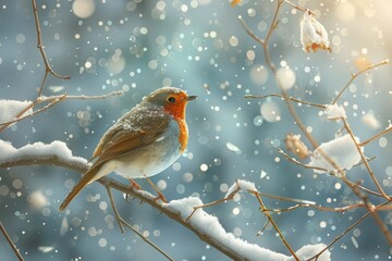Robin perched on a snowy branch, its red breast standing out against the winter landscape, with soft falling snow adding a magical touch 