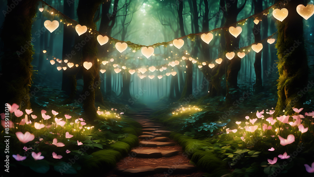 Poster create an enchanted forest path lined with glowing flowers and heart-shaped lights. add a subtle mis
