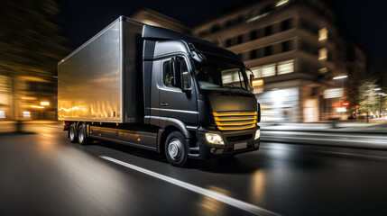 Semi-truck driving through city at night. Shallow depth of feld
