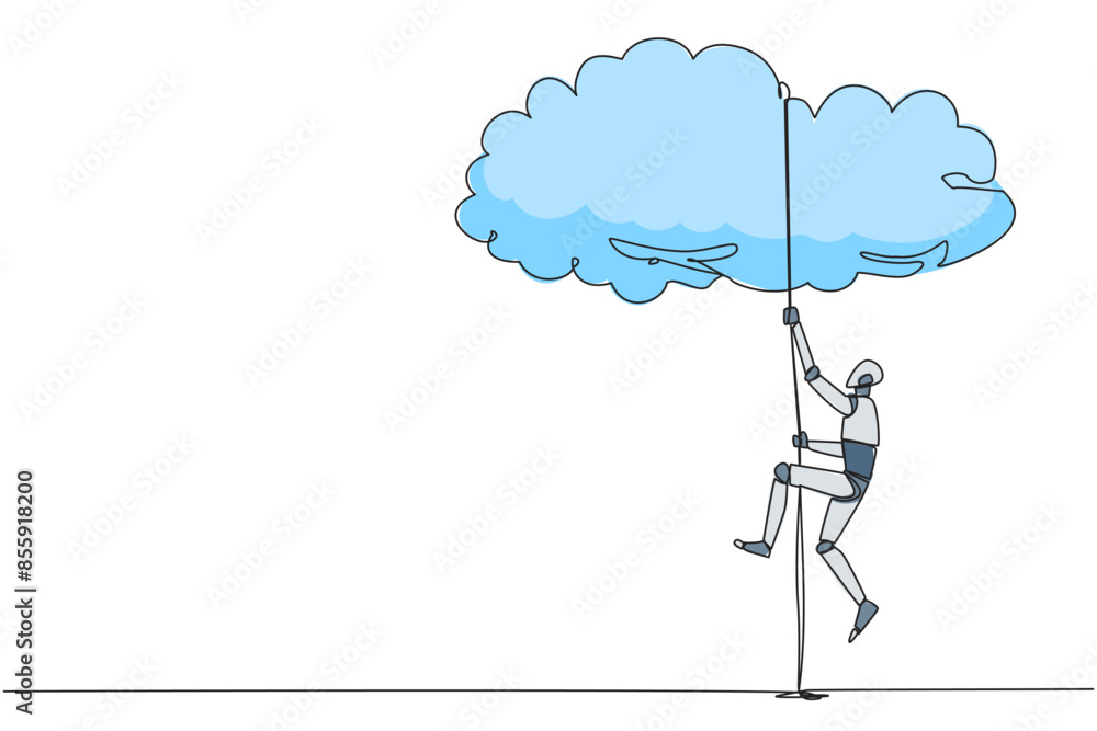 Aufkleber continuous one line drawing smart robot climbing clouds with the rope. a metaphor for hanging dreams