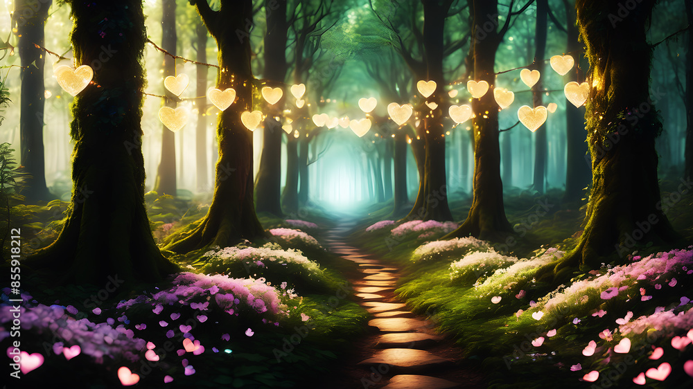 Poster create an enchanted forest path lined with glowing flowers and heart-shaped lights. add a subtle mis