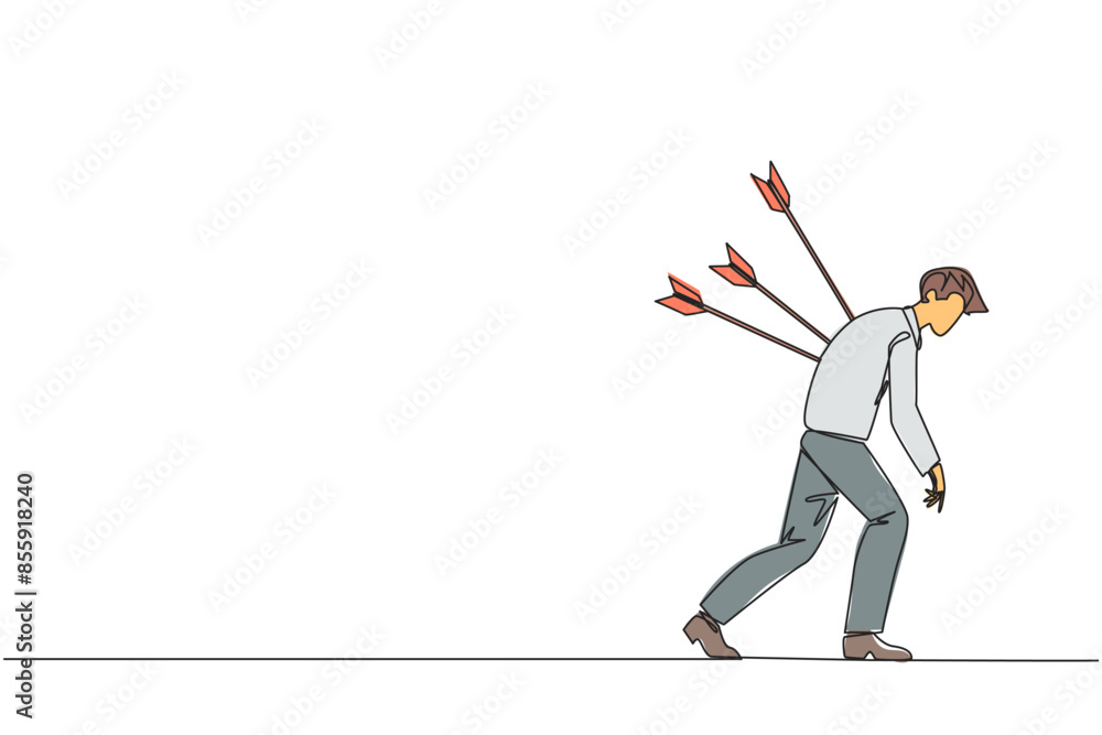 Poster continuous one line drawing businessman standing and several arrows stuck in the back. attacked from