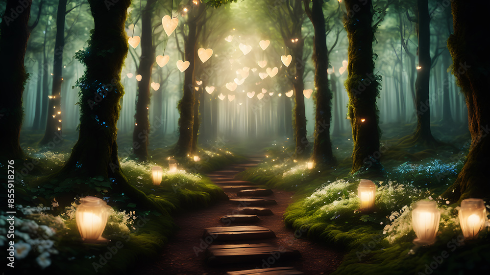 Poster create an enchanted forest path lined with glowing flowers and heart-shaped lights. add a subtle mis