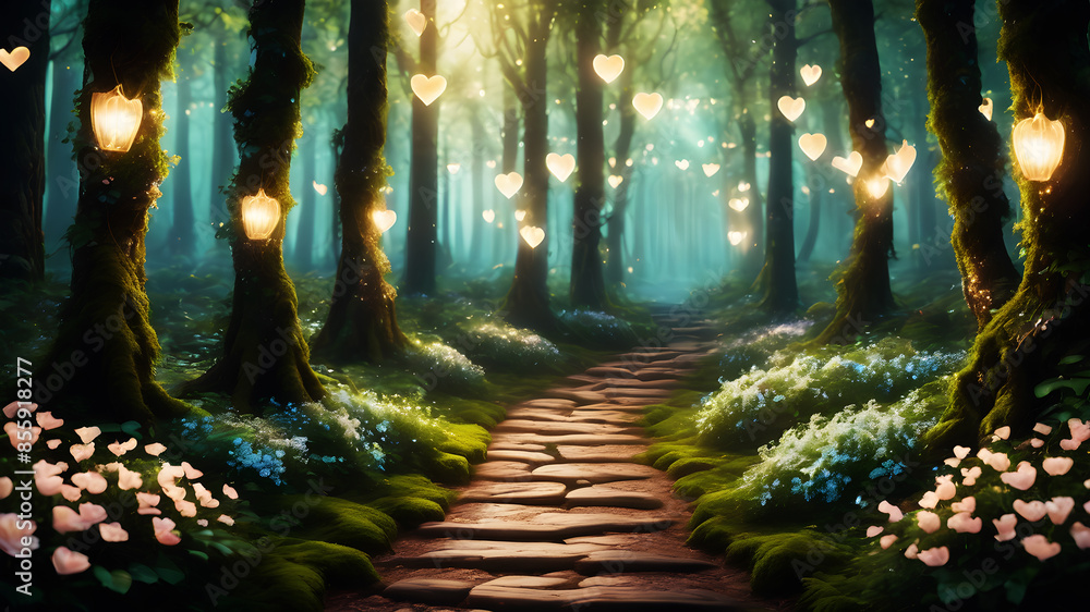 Poster create an enchanted forest path lined with glowing flowers and heart-shaped lights. add a subtle mis