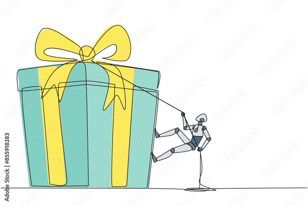 Poster single continuous line drawing smart robot climbing gift box with rope. struggle persistently to ach