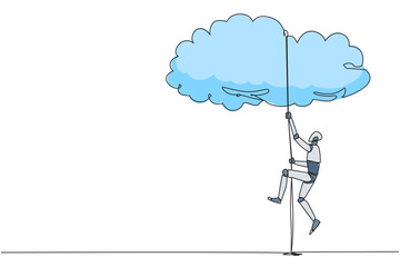 Continuous one line drawing smart robot climbing clouds with the rope. A metaphor for hanging dreams sky high. Ultimate success. Hard worker. Work smarter. Single line draw design vector illustration