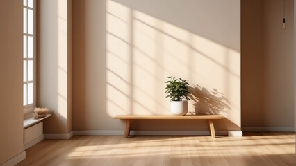 Interior living room with wooden bench, sunlight and window shadow on beige wall copy space