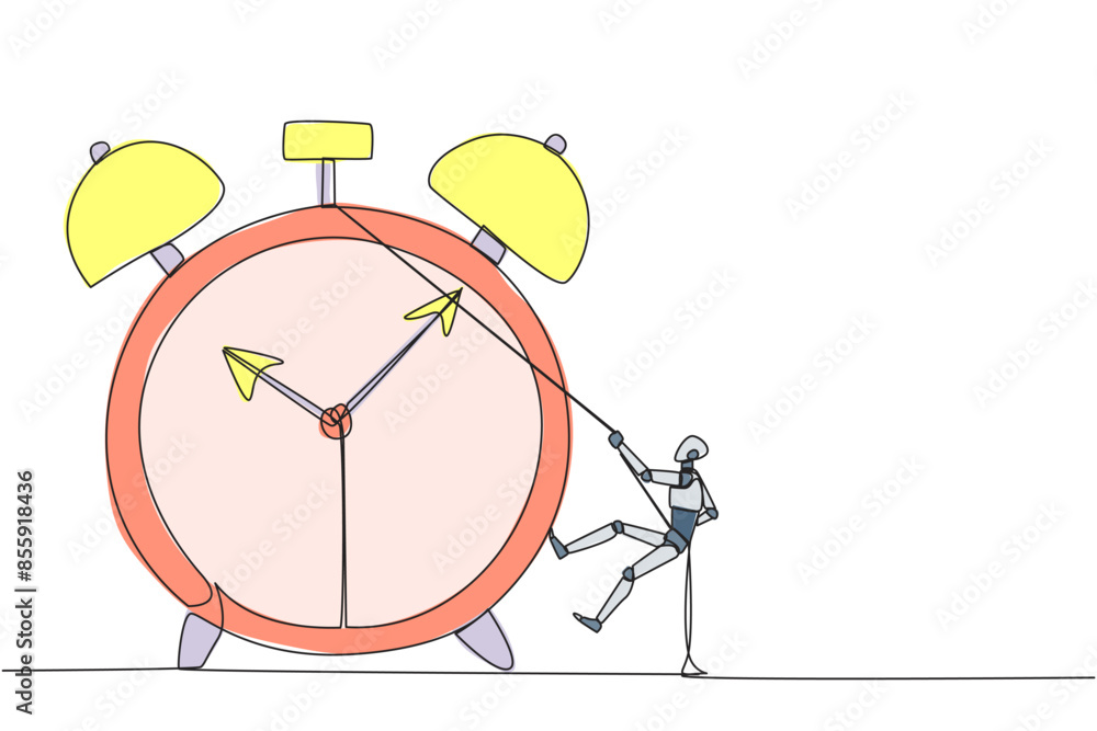 Poster continuous one line drawing smart robot climbing alarm clock with rope. work carefully to complete e