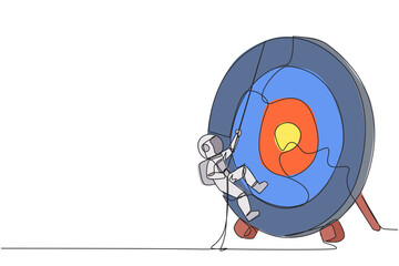 Single continuous line drawing astronaut climbs arrow board target with rope. Struggle very persistently to achieve the best. Smart work that produces results. One line design vector illustration
