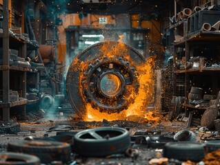 Old Metal and Rubber Wheels from Industrial Equipment