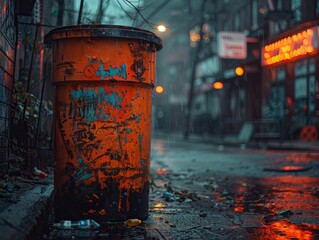 Apocalyptic Trash Can in Neon and Orange Lighting