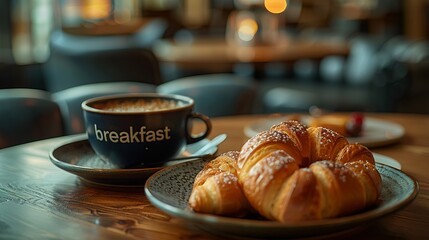 Morning Hotel Breakfast with Coffee and Croissants