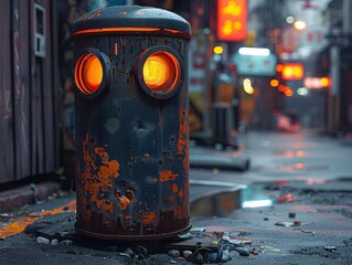 Cinematic Neon and Orange Lit Trash Can Scene