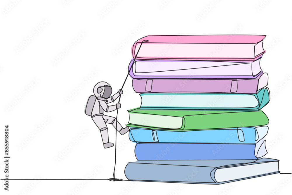 Poster single continuous line drawing young astronaut climbing a pile of books with a rope. try hard to gai