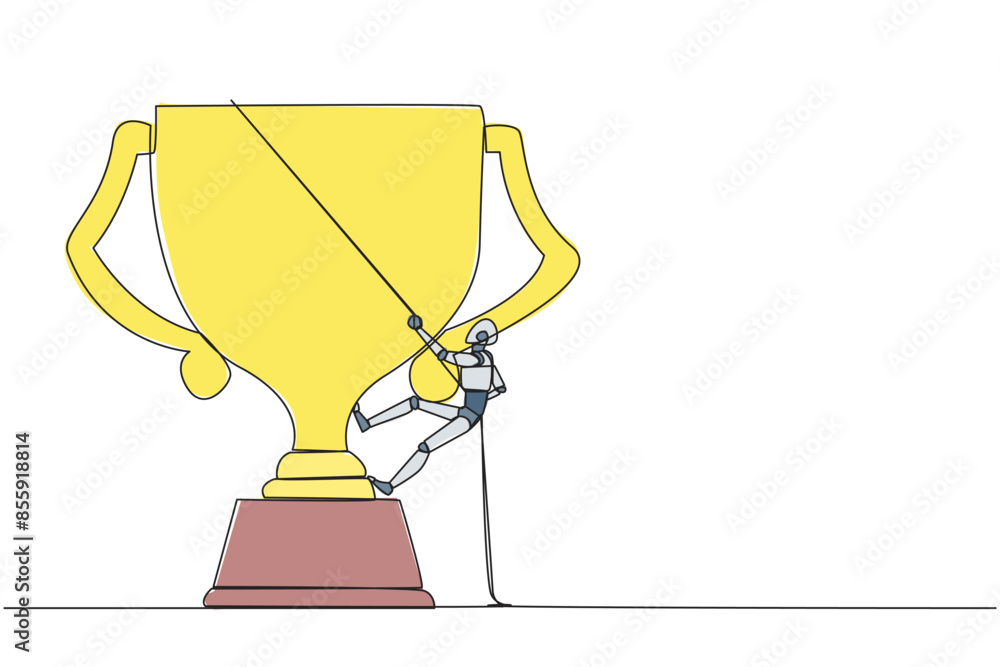 Poster single one line drawing smart robot climbing the trophy with the rope. expanding branding by winning