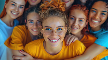 Fototapeta premium Group of diverse young women embracing and smiling together