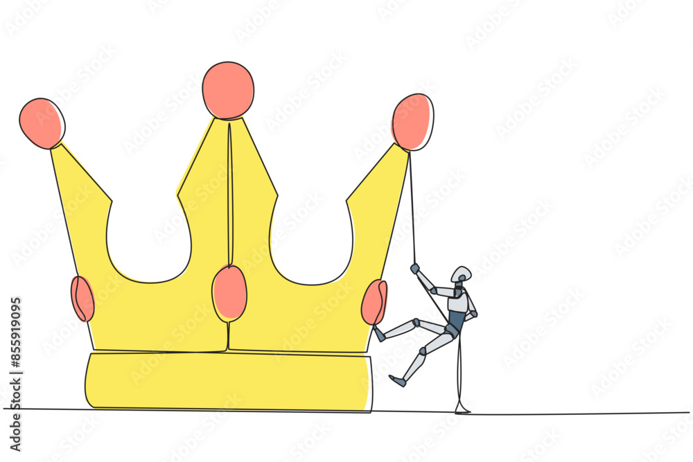 Poster continuous one line drawing the robot climbing crown with rope. prepare for a better life by working
