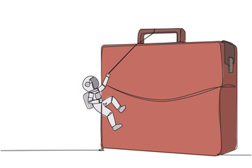 Single continuous line drawing young astronaut climbs briefcase with rope. A metaphor for building a business from scratch. Growing and having many relationships. One line design vector illustration
