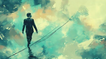 Fototapeta premium A man in a suit walking on the edge of a thin rope, surrounded by an abstract, dreamlike atmosphere in shades of blue and green.