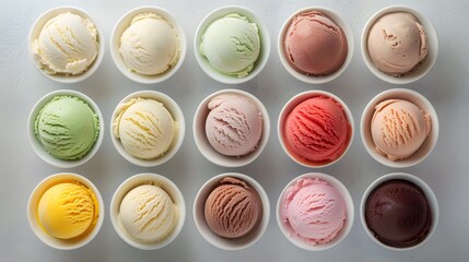 Obraz premium Assorted of scoops ice cream. Colorful set of ice cream of different flavours. Top view of ice cream isolated with mint, sauce